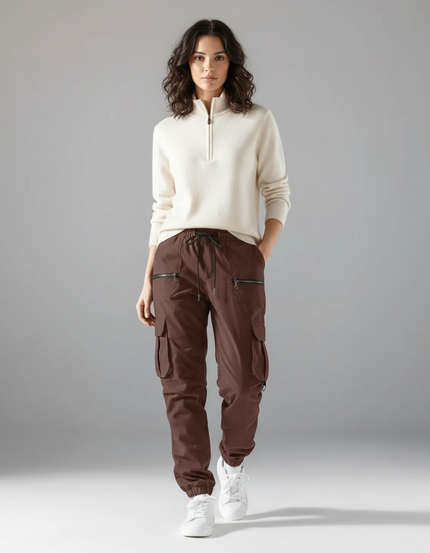 Pantalon Randonnée Marron Cargo Zippé Cordon Ample Femme - Polyester