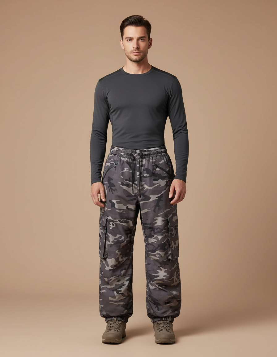 Pantalon Randonnée Camouflage Gris Ample Imperméable Hiver - Polyester