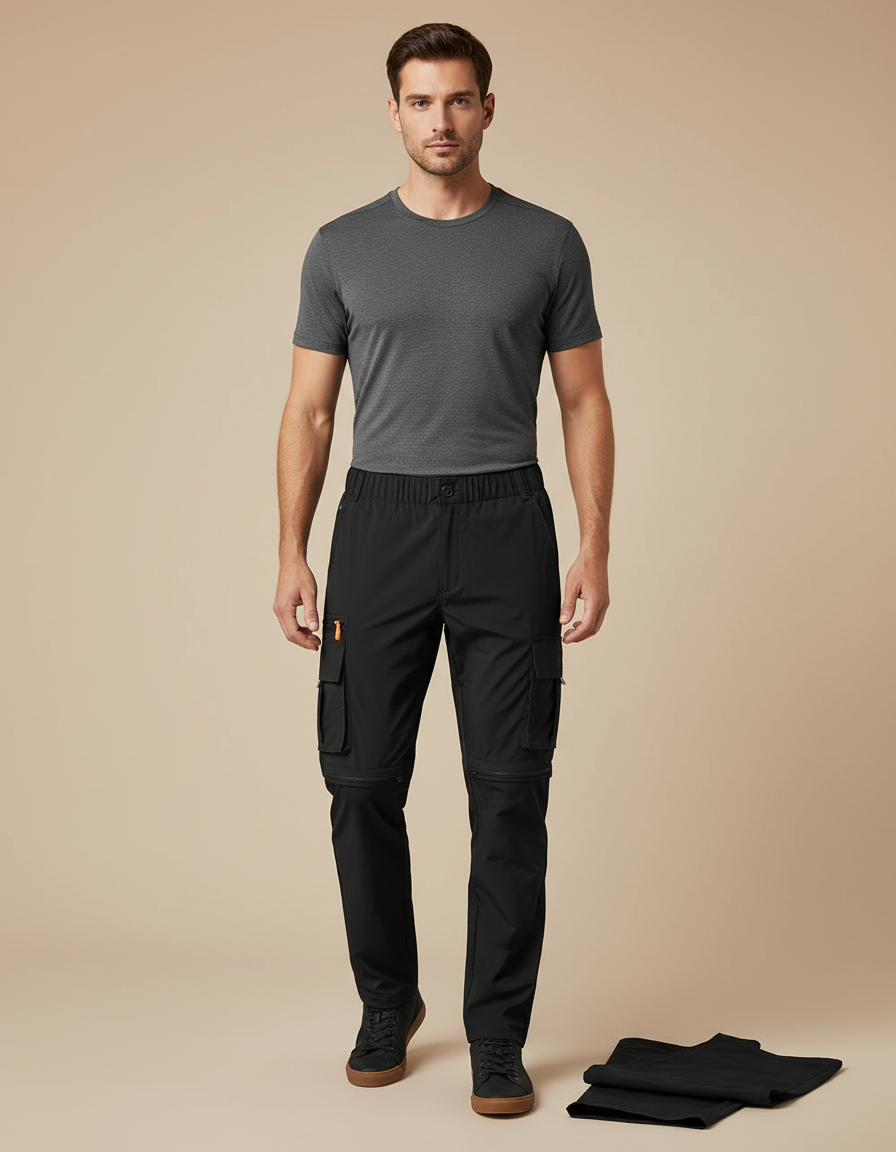 Pantalon Randonnée Convertible Noir Léger Homme Séchage Rapide - Polyester