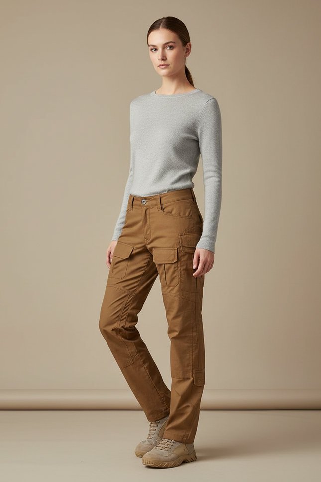 Pantalon Randonnée Marron Cargo Droit Multipoches Femme - Gabardine