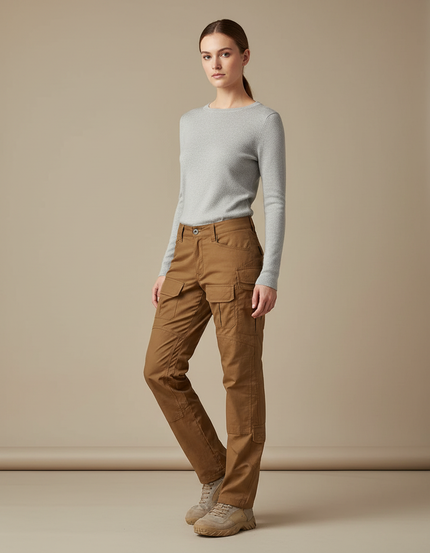 Pantalon Randonnée Marron Cargo Droit Multipoches Femme - Gabardine