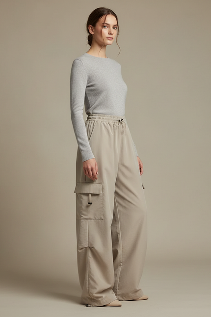Pantalon Randonnée Beige Cargo Ample Confortable Femme - Polyester