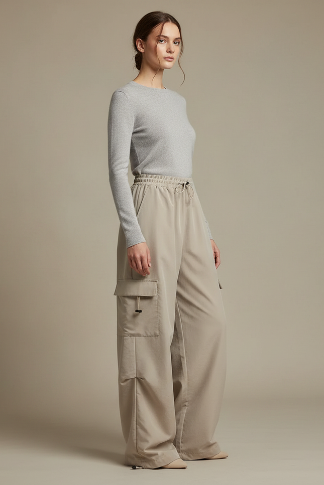 Pantalon Randonnée Beige Cargo Ample Confortable Femme - Polyester
