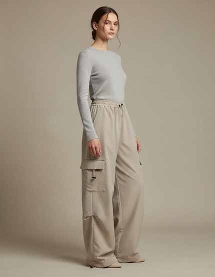 Pantalon Randonnée Beige Cargo Ample Confortable Femme - Polyester