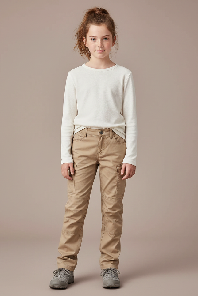 Pantalon Randonnée Kaki Multipoches Coupe Droite Enfant - Toile