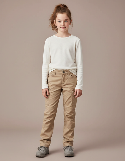 Pantalon Randonnée Kaki Multipoches Coupe Droite Enfant - Toile