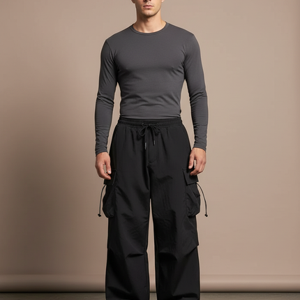 Pantalon Randonnée Noir Ample Cordon Streetwear Homme - Polyester