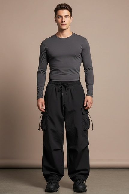 Pantalon Randonnée Noir Ample Cordon Streetwear Homme - Polyester