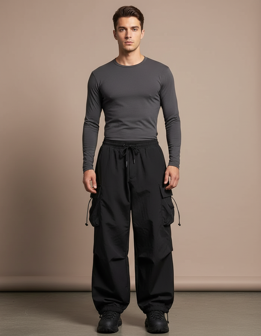 Pantalon Randonnée Noir Ample Cordon Streetwear Homme - Polyester