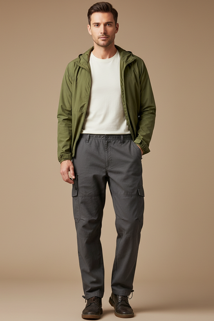 Pantalon Randonnée Gris Cargo Ample Cordon Homme - Gabardine