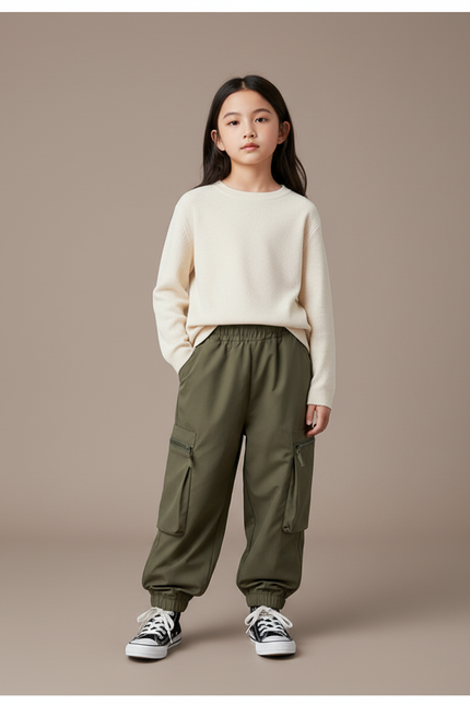 Pantalon Randonnée Kaki Cargo Enfant Robuste Confortable - Polyester