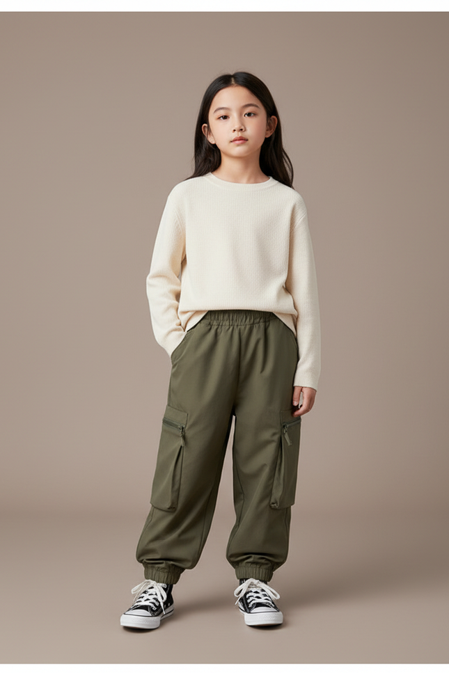 Pantalon Randonnée Kaki Cargo Enfant Robuste Confortable - Polyester