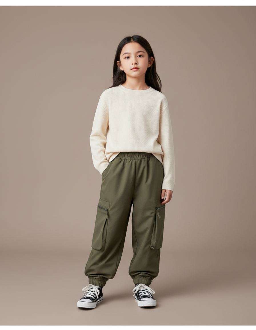 Pantalon Randonnée Kaki Cargo Enfant Robuste Confortable - Polyester