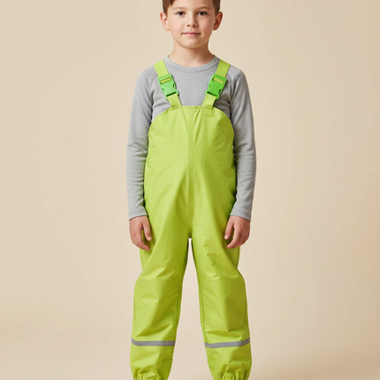 Pantalon Randonnée Vert Imperméable Bretelles Réfléchissant Enfant - Polyester