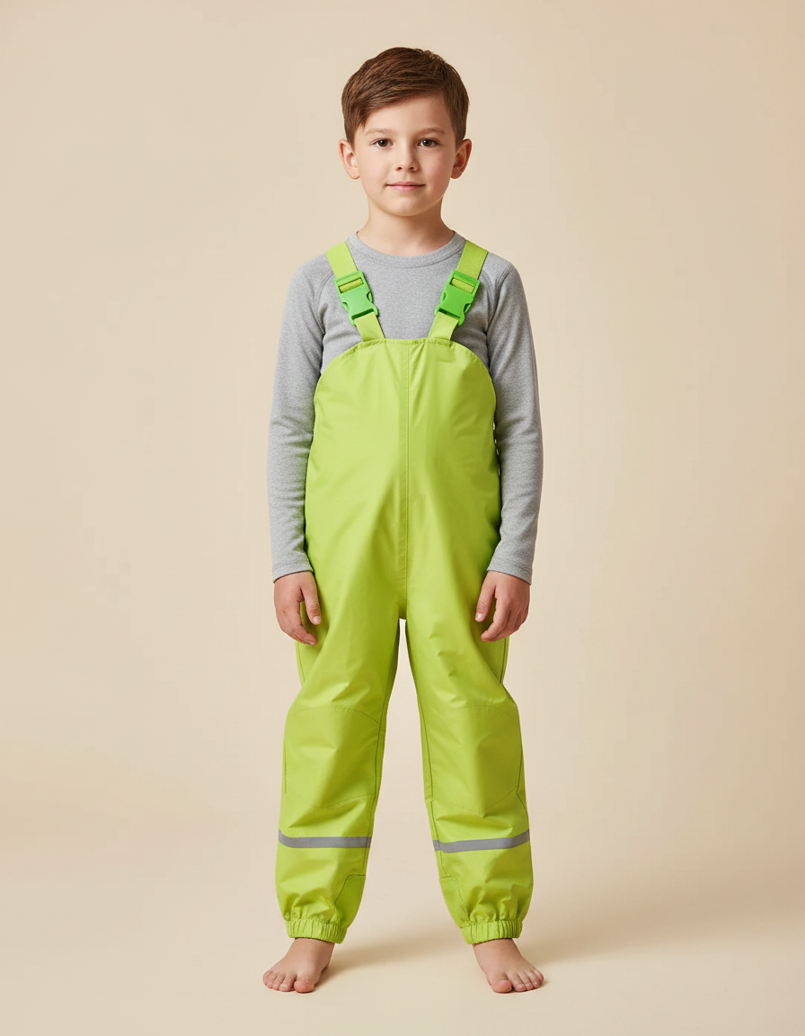 Pantalon Randonnée Vert Imperméable Bretelles Réfléchissant Enfant - Polyester