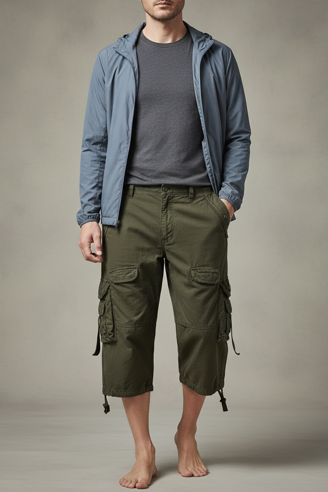 Pantalon Randonnée Kaki Cargo Court Homme Coton