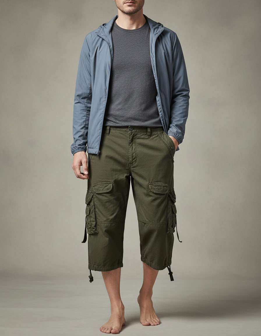 Pantalon Randonnée Kaki Cargo Court Homme Coton