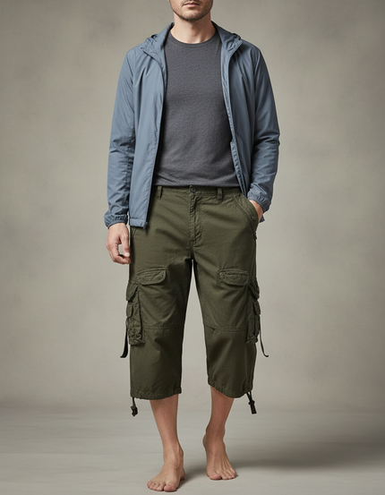 Pantalon Randonnée Kaki Cargo Court Homme Coton