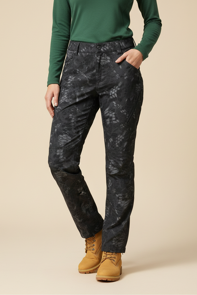 Pantalon Randonnée Camouflage Femme Slim Imperméable - Noir Polyester