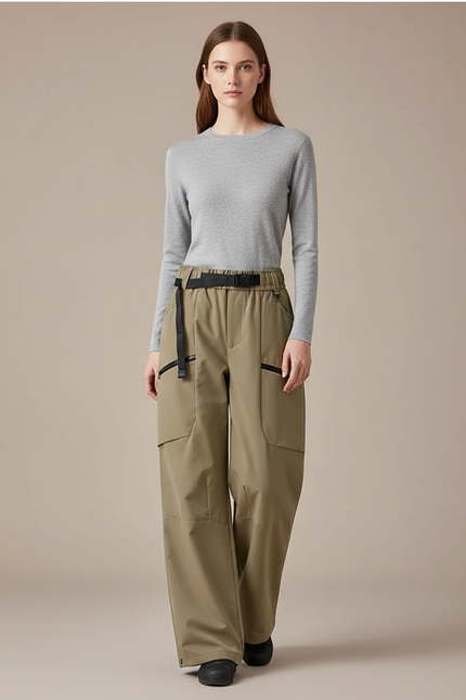 Pantalon Randonnée Kaki Cargo Ample Ceinturé - Polyester