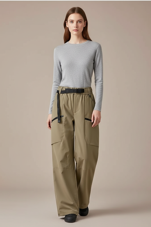 Pantalon Randonnée Kaki Cargo Ample Ceinturé - Polyester