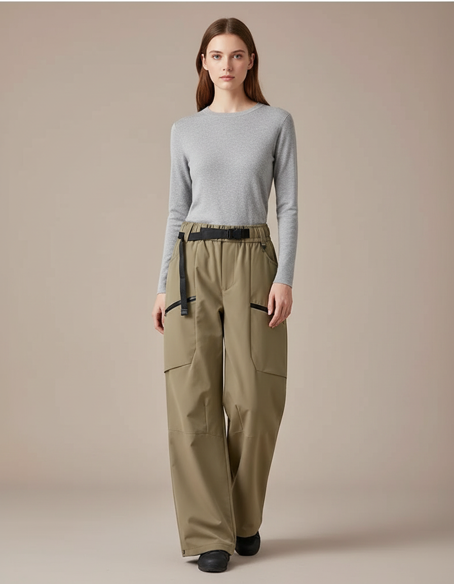 Pantalon Randonnée Kaki Cargo Ample Ceinturé - Polyester