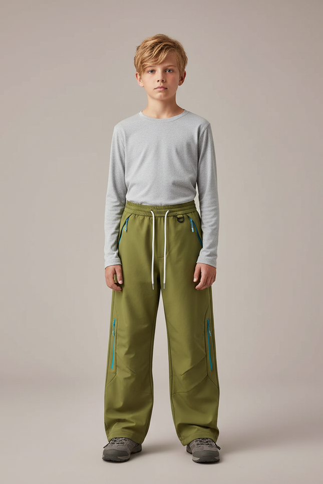 Pantalon Randonnée Kaki Ample Zips Contraste Enfant - Polyester