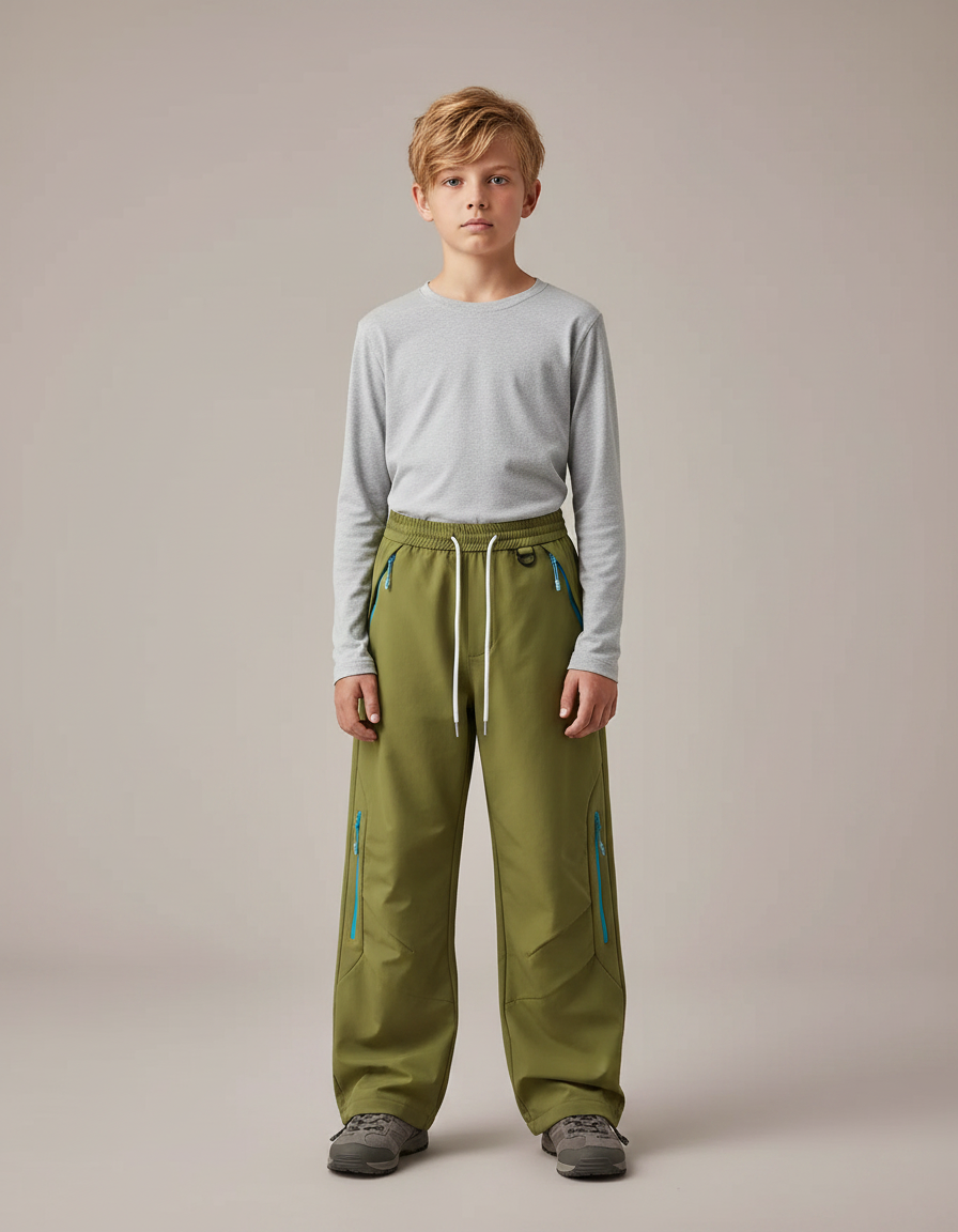 Pantalon Randonnée Kaki Ample Zips Contraste Enfant - Polyester
