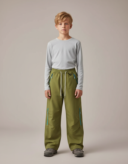 Pantalon Randonnée Kaki Ample Zips Contraste Enfant - Polyester