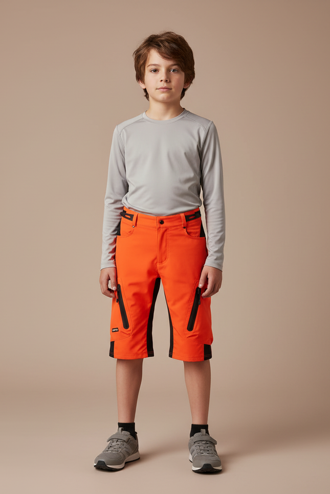 Pantalon Randonnée Orange Noir Enfant Court Ample - Polyester