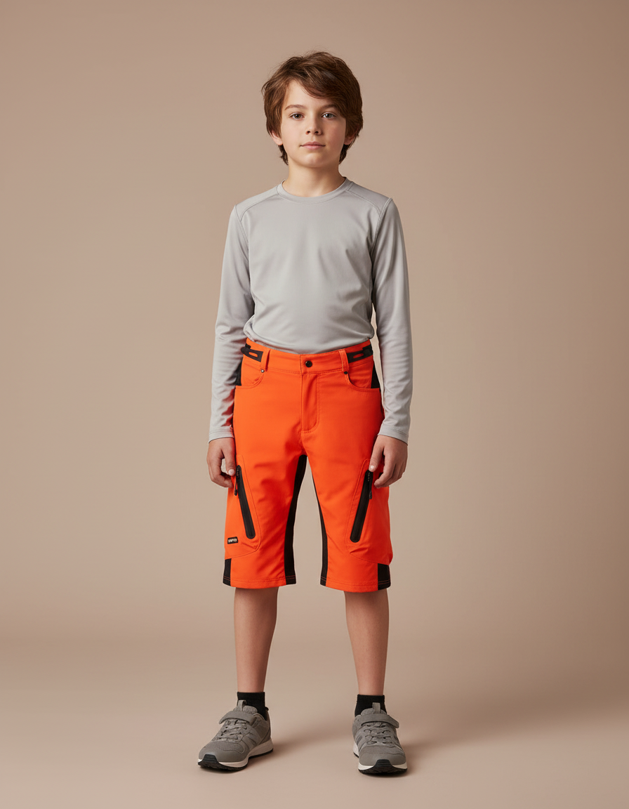 Pantalon Randonnée Orange Noir Enfant Court Ample - Polyester