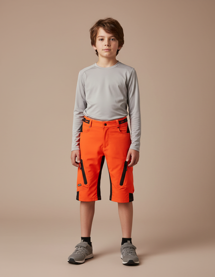 Pantalon Randonnée Orange Noir Enfant Court Ample - Polyester