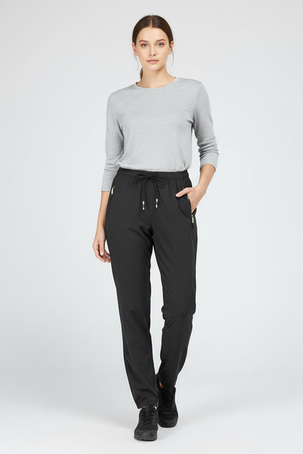 Pantalon Randonnée Noir Fluide Léger Cordon Femme - Polyester