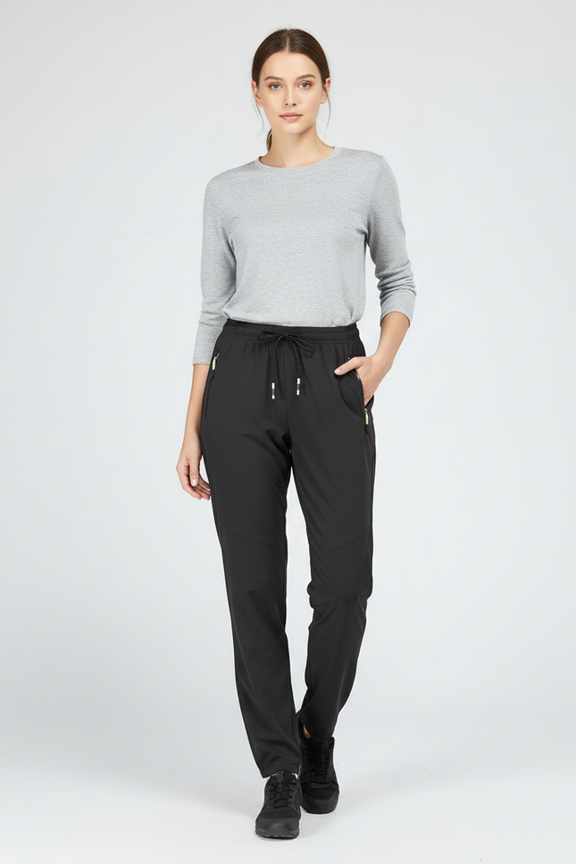 Pantalon Randonnée Noir Fluide Léger Cordon Femme - Polyester