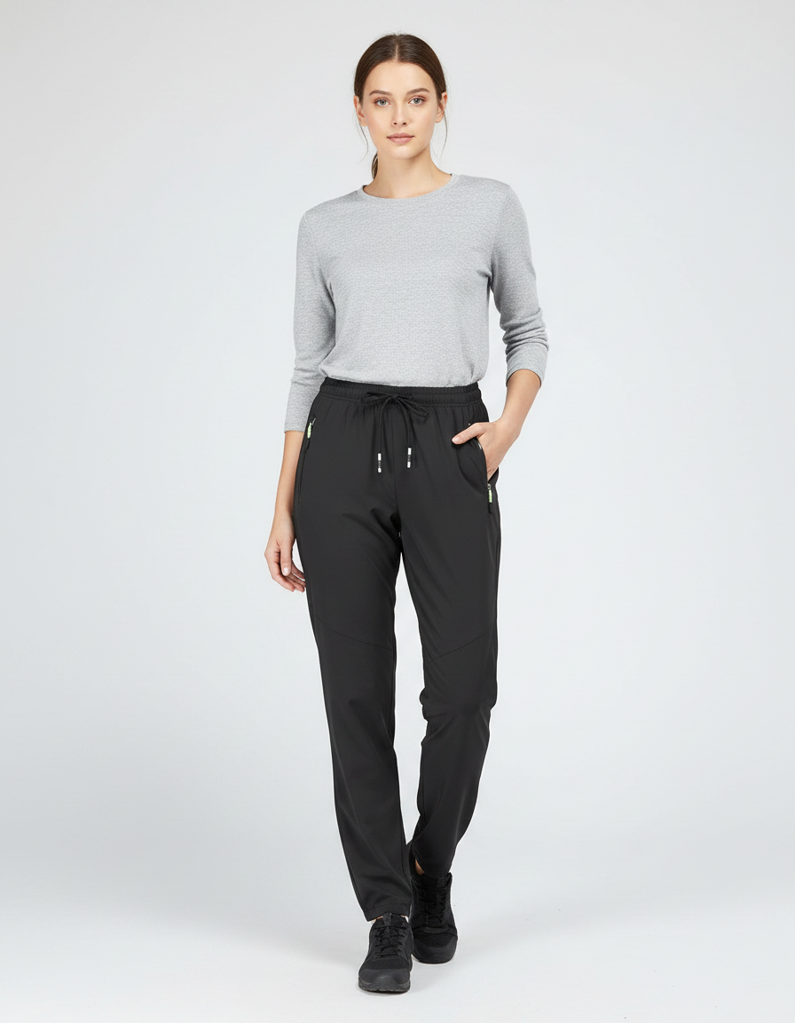 Pantalon Randonnée Noir Fluide Léger Cordon Femme - Polyester