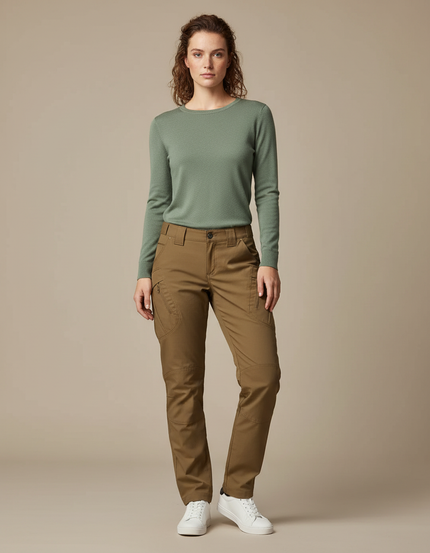 Pantalon Randonnée Femme Marron Cargo Slim Confortable - Gabardine