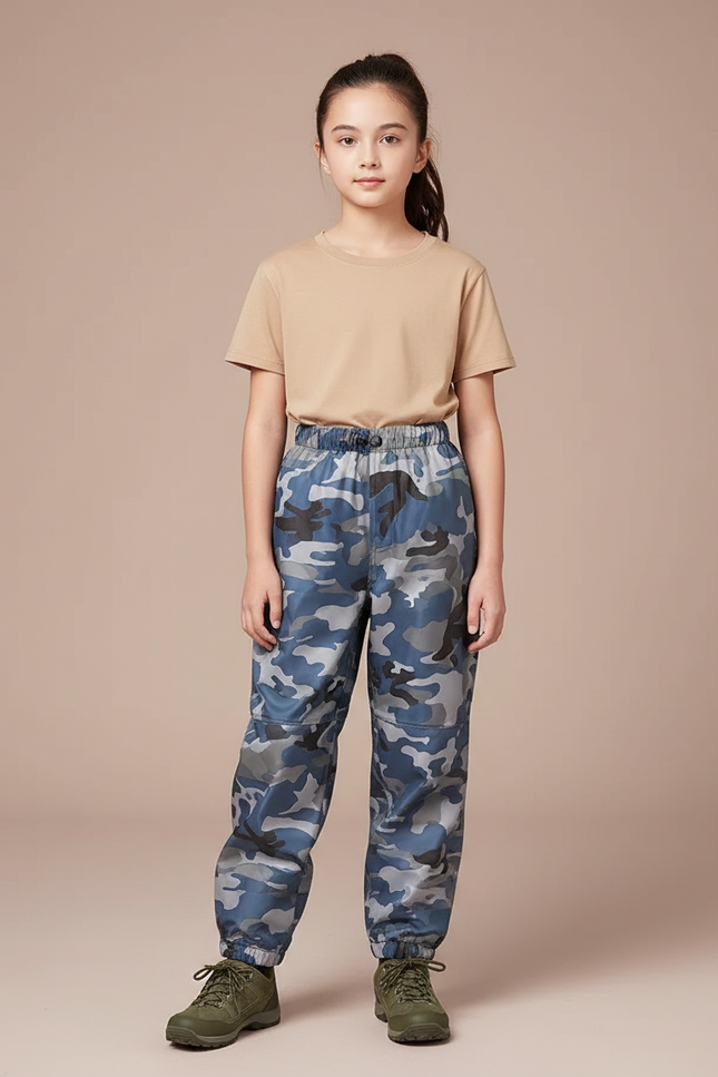 Pantalon Randonnée Camouflage Bleu Enfant Imperméable - Polyester