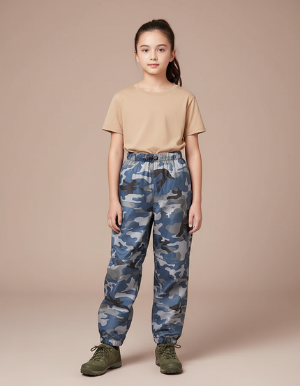 Pantalon Randonnée Camouflage Bleu Enfant Imperméable - Polyester