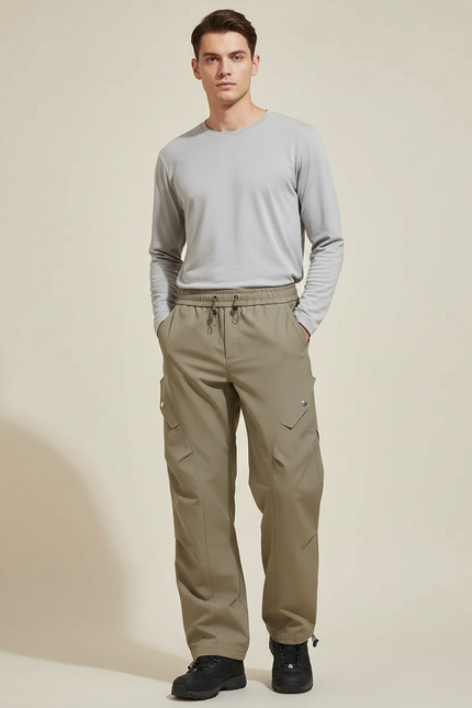 Pantalon Randonnée Kaki Cargo Ample Cordon Homme - Polyester