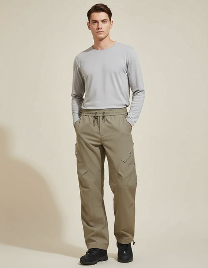 Pantalon Randonnée Kaki Cargo Ample Cordon Homme - Polyester