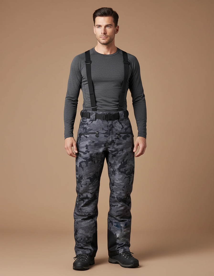 Pantalon Randonnée Camouflage Gris Imperméable Bretelles Homme - Polyester