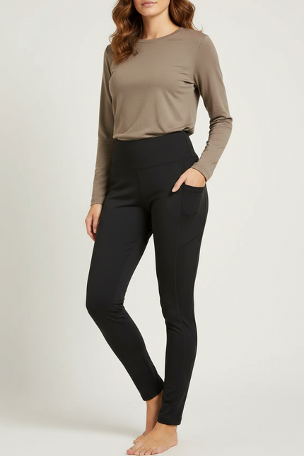 Pantalon Randonnée Noir Femme Polaire Taille Haute - Molleton