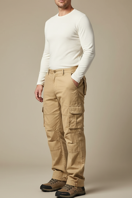 Pantalon Randonnée Beige Cargo Coton Homme Ample - Toile