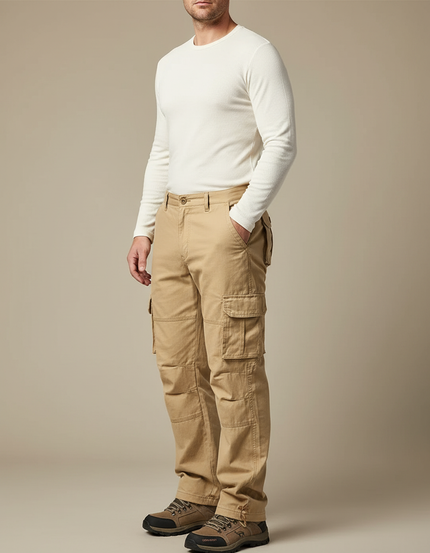 Pantalon Randonnée Beige Cargo Coton Homme Ample - Toile