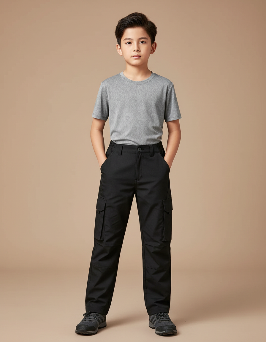 Pantalon Randonnée Noir Cargo Tactique Enfant - Polyester