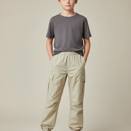 Pantalon Randonnée Beige Cargo Ample Enfant Élastiqué - Polyester