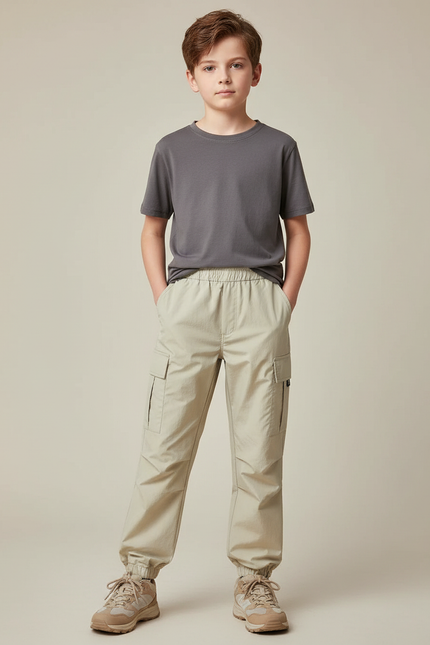 Pantalon Randonnée Beige Cargo Ample Enfant Élastiqué - Polyester