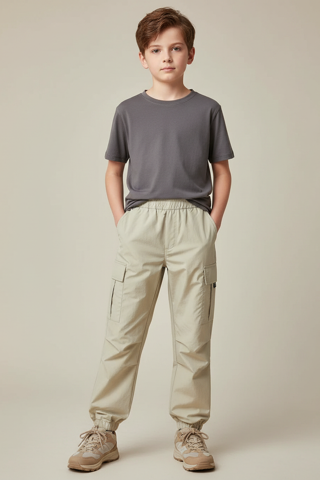 Pantalon Randonnée Beige Cargo Ample Enfant Élastiqué - Polyester
