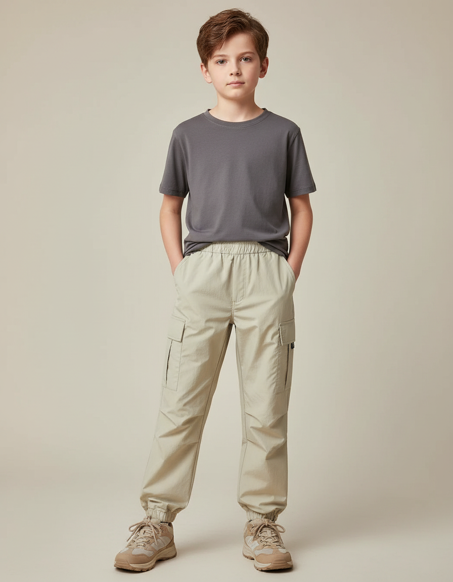 Pantalon Randonnée Beige Cargo Ample Enfant Élastiqué - Polyester
