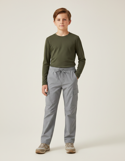 Pantalon Randonnée Gris Enfant Léger Cargo Élastiqué - Polyester